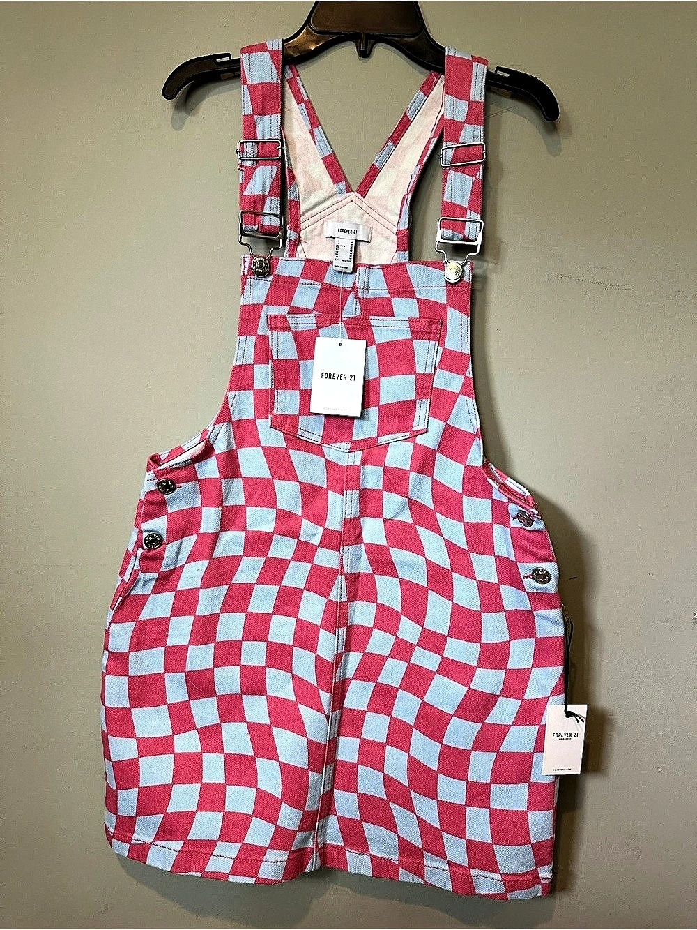 Forever 21 Checkered Overalls in Pink & Blue Size Small NWT